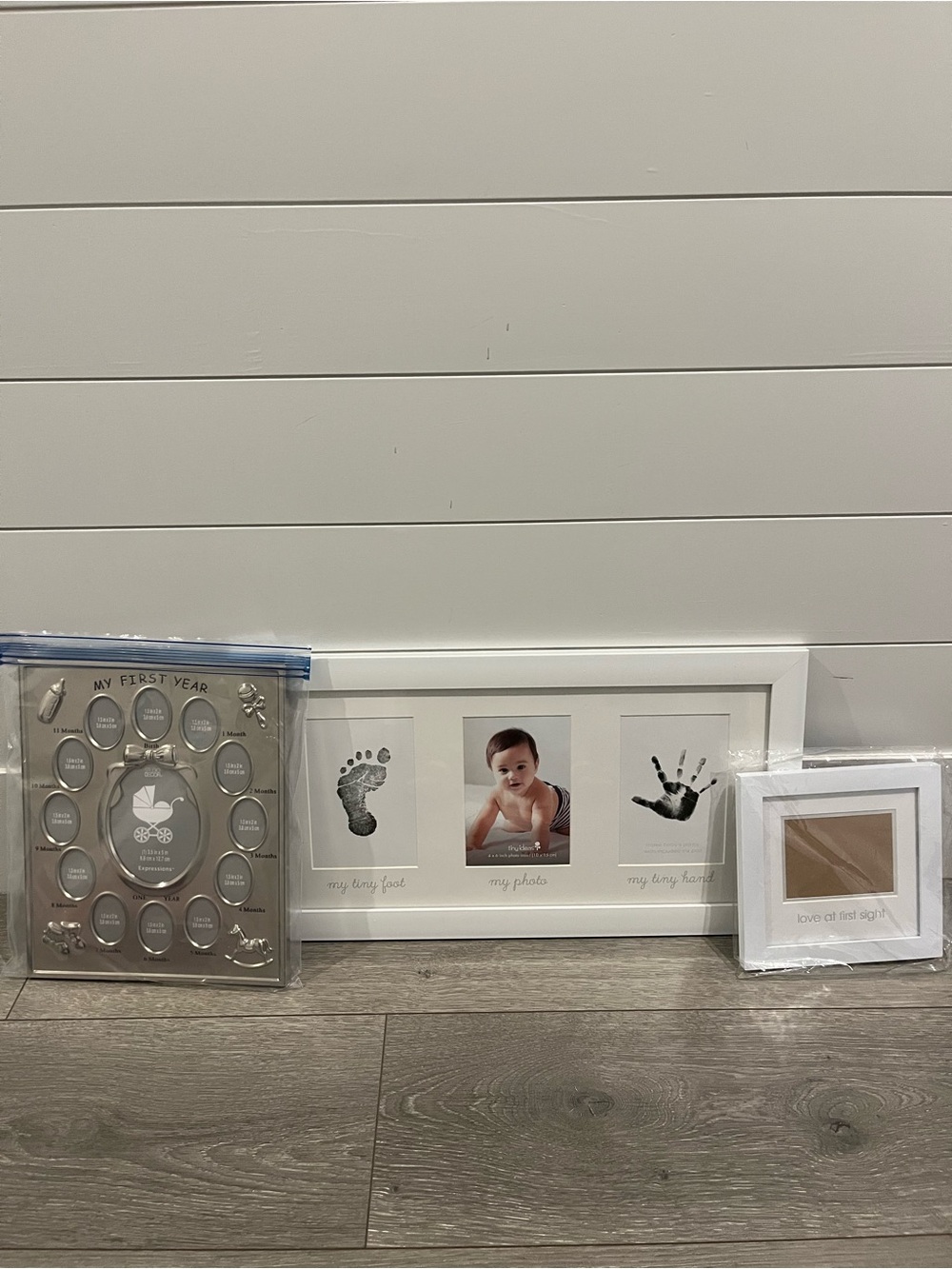 Baby White Triple Opening Baby Frame with Footprint and Handprint Display Bundle
